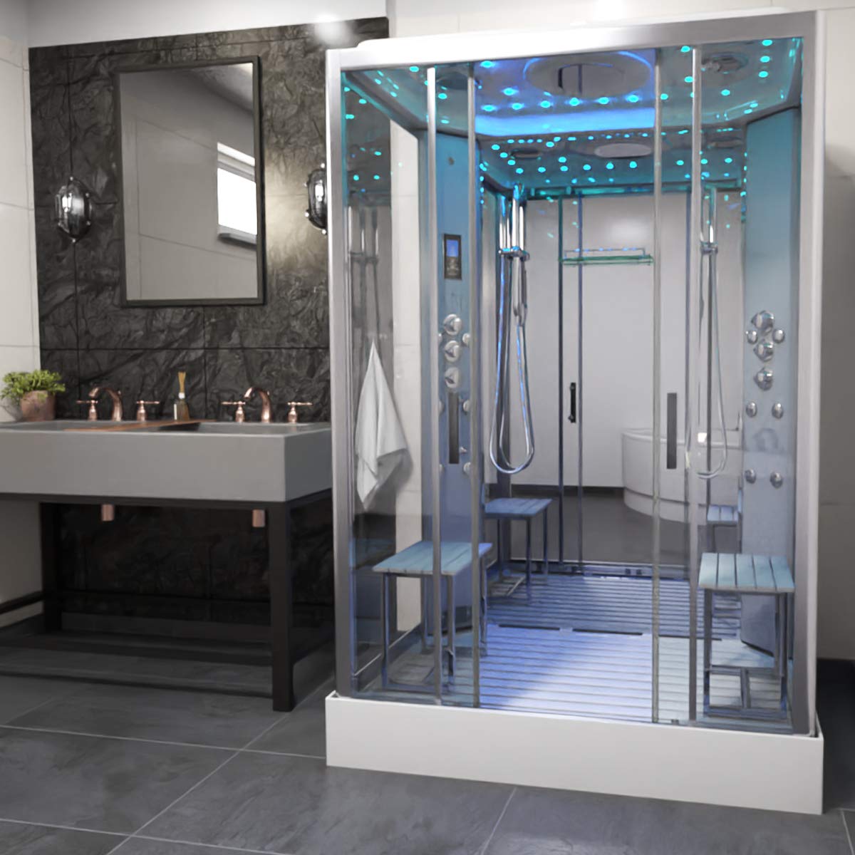 Insignia Platinum Chrome Frame Twin Steam Shower Cabin 1400 x 900mm PL14-RTCF-CG-S