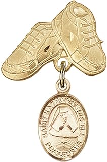 14kt Yellow Gold Baby Badge with St. Katherine Drexel Charm and Baby Boots Pin 1 X 5/8 inches