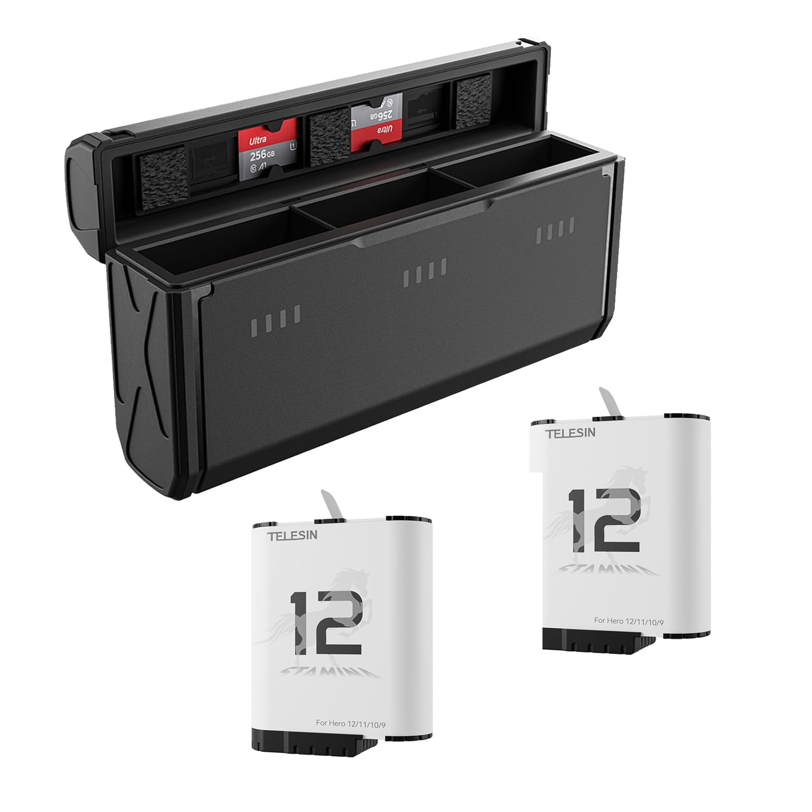Batterie d'endurance pour Go Pro Hero 12 11 10 9 1750 mAh Endurence Battery, Chargeur Rapide, étui de Rangement pour Carte TF pour Go Pro Hero 9 10 11 Noir