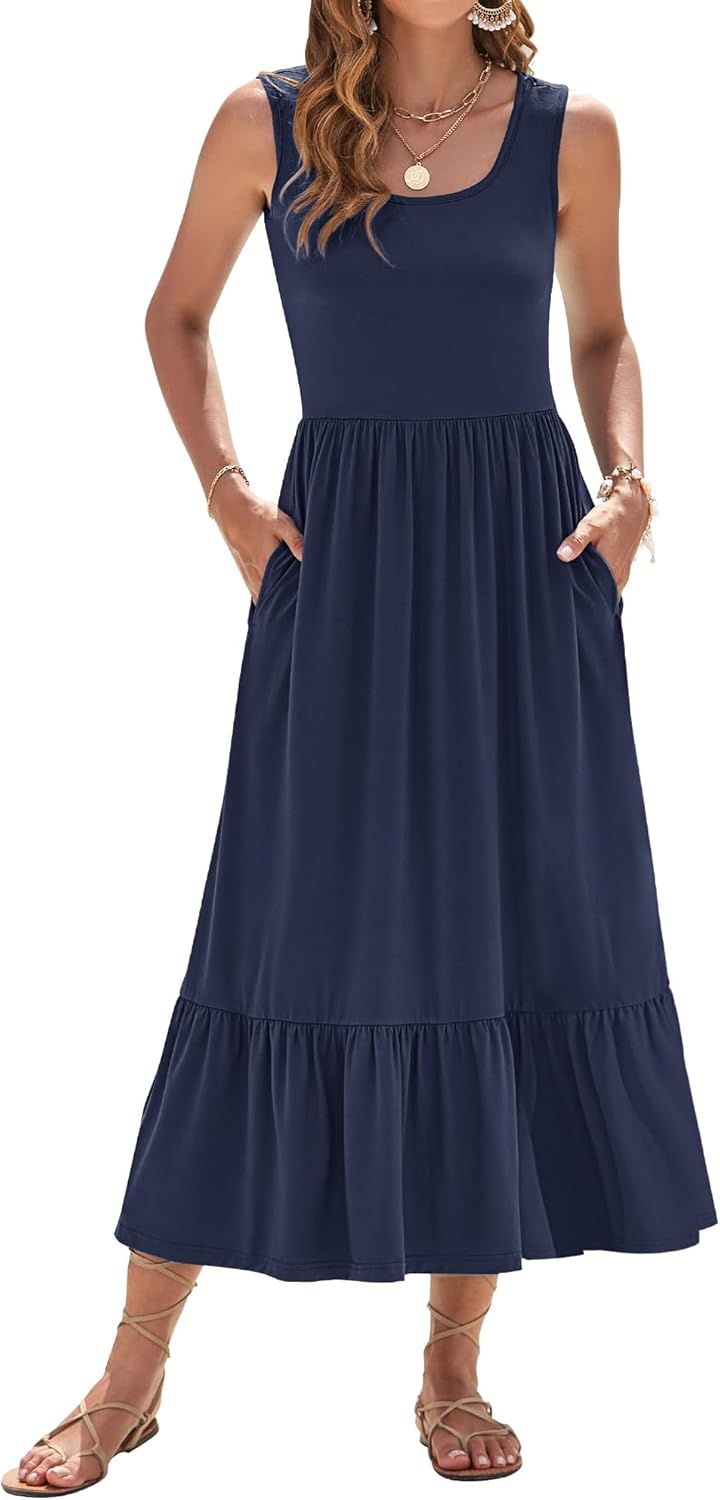 AUSELILY Womens Summer Dresses 2026 Sleeveless Maxi Dress Square Neck Casual Tiered Long Dress with Pockets - Image 2