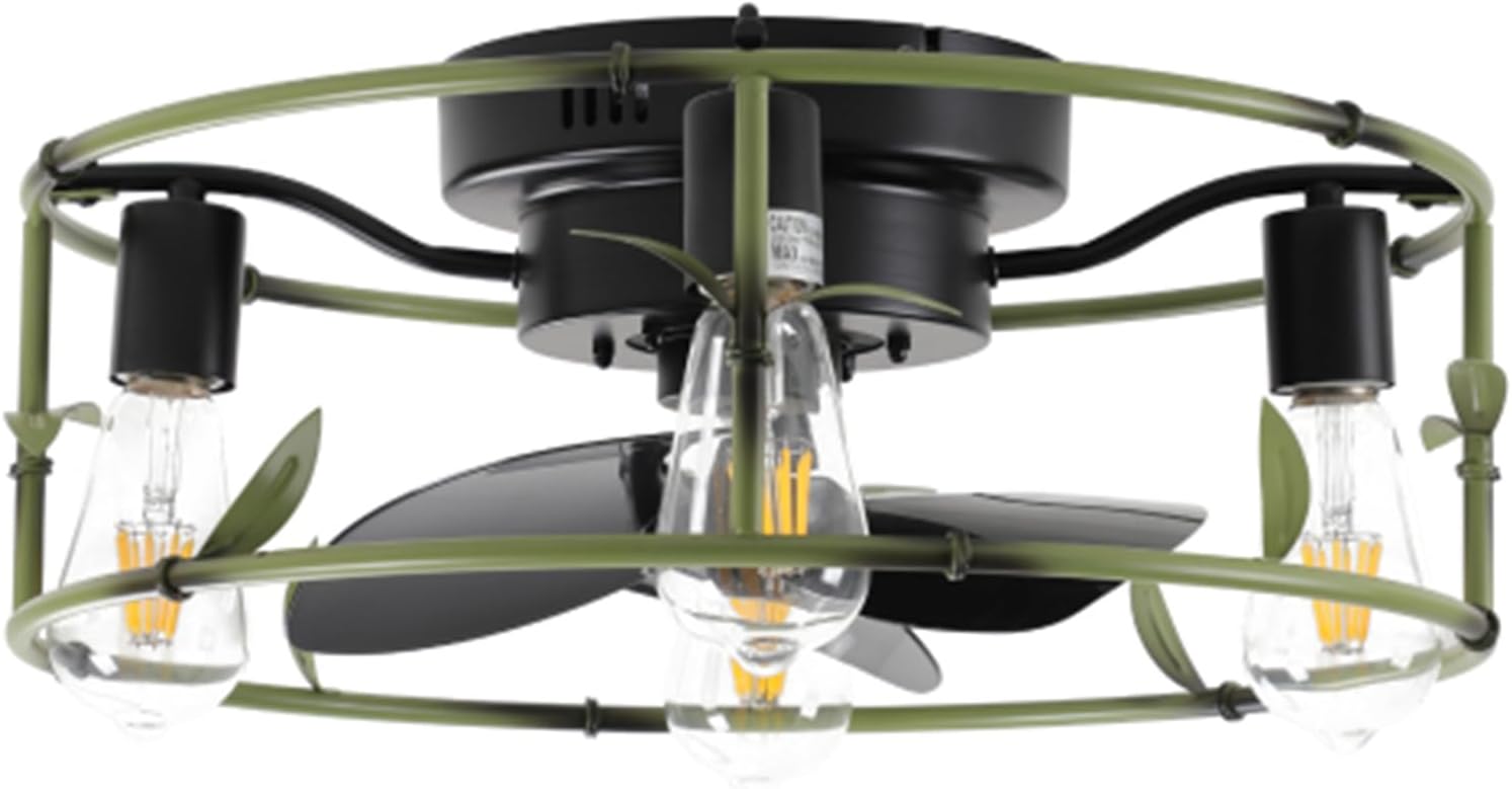 Recessed ceiling fan with light and remote control, ceiling fan with light, ceiling fan light, lighting and blowing all in one, green cage modern metal, suitable for dining room and bedroom