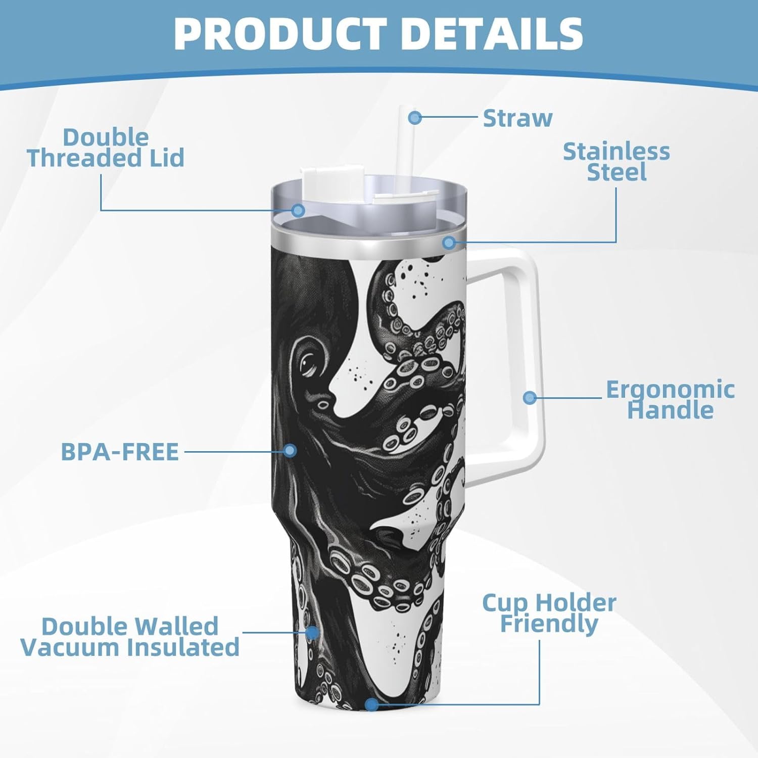 40 oz Stainless Steel Tumbler with Handle and Straw, Classic Black Octopus Car Cup Insulated Water Bottle Personalized Ice Bully Cup Hot/Cold Travel Coffee Mug Gifts, Cupholder Friendly - Image 6