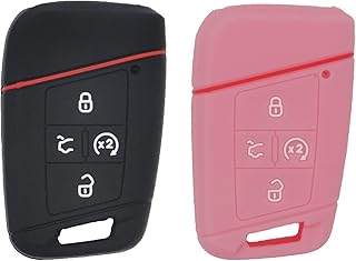LemSa 2Pcs Keyless Entry Remote Car Smart Key Fob Outer Shell Cover Soft Rubber Protective Case for 2021 2020 2019 VW Volkswagen Tiguan Atlas Jetta Passat Golf Alltrack Push Start, Black Pink