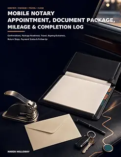 Mobile Notary Appointment, Document Package, Mileage & Completion Log: Confirmations, Package Readiness, Travel, Signing Outcomes, Return Steps, Payment Status & Follow-Up