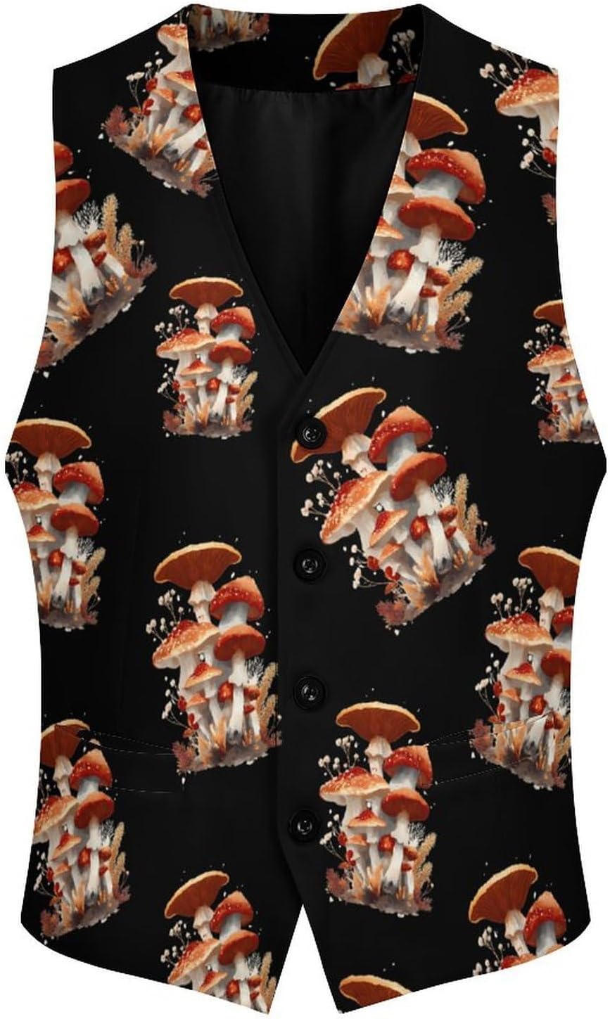 Woodland Mushrooms Casual Suit Vest for Men Tuxedo Waistcoat Formal Business Dress