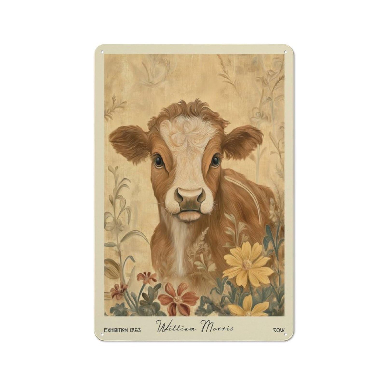 Junmoney Style-14 Tin Wall Plaque 30X20cm With Cow William Morris Floral Farm For Home Office Or Studio, For Garage, Workshop And Man Cave Decoration
