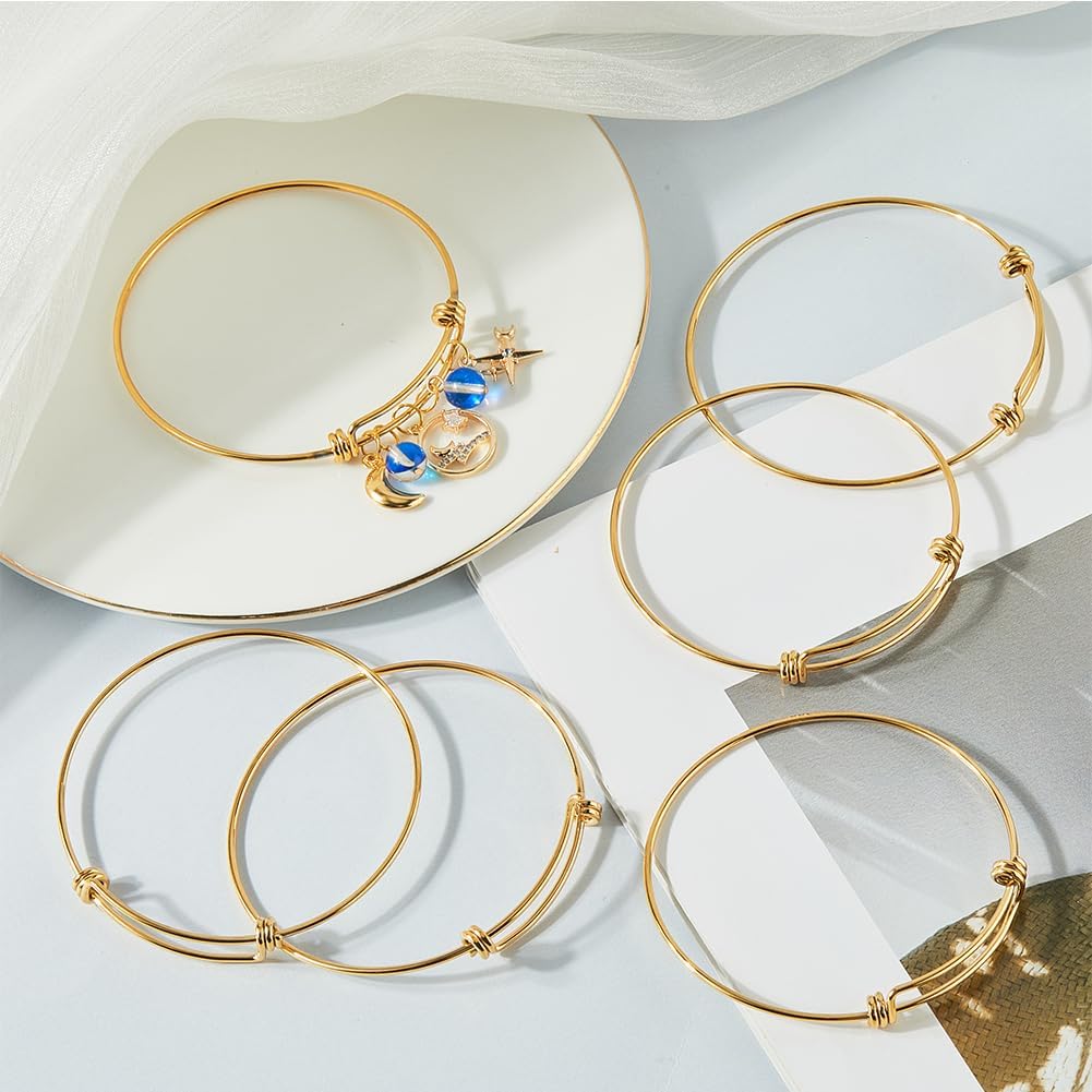 Beebeecraft 6Pcs Expandable Blank Bangle Bracelets Real 18K Gold Plated Stainless Steel Adjustable Wire Bracelets for Jewelry Making DIY Crafts Gift