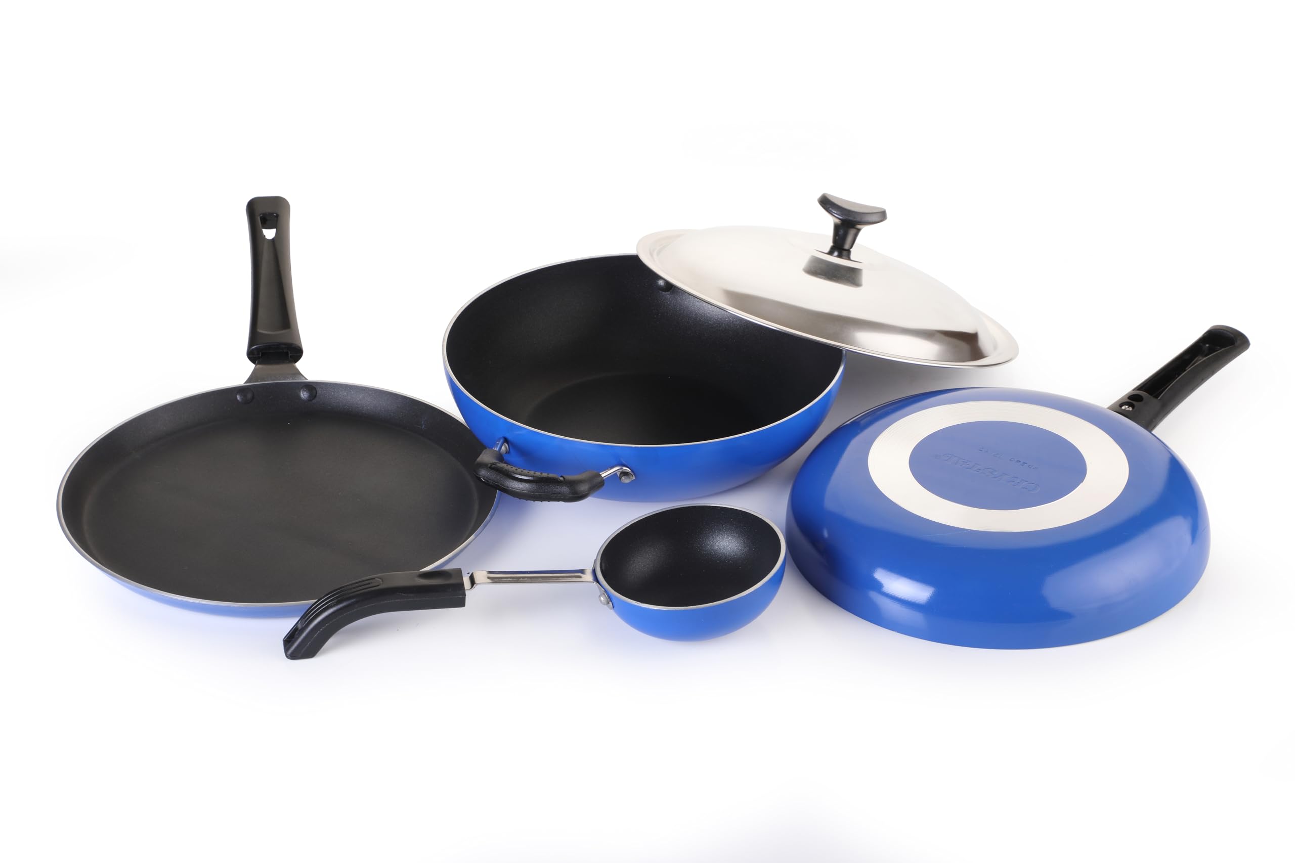 Crystal Eco Series Non Stick Cookware Set, 5 Pcs, Royal Blue | 2.5 mm Thickness | PFOA Free Non Stick Coating | Tawa 250 mm | Fry Pan 240 mm | Kadai with Steel lid 240 mm | Tadka pan/Vaghariya (B0D478VNDK) Amazon Price History, Amazon Price Tracker