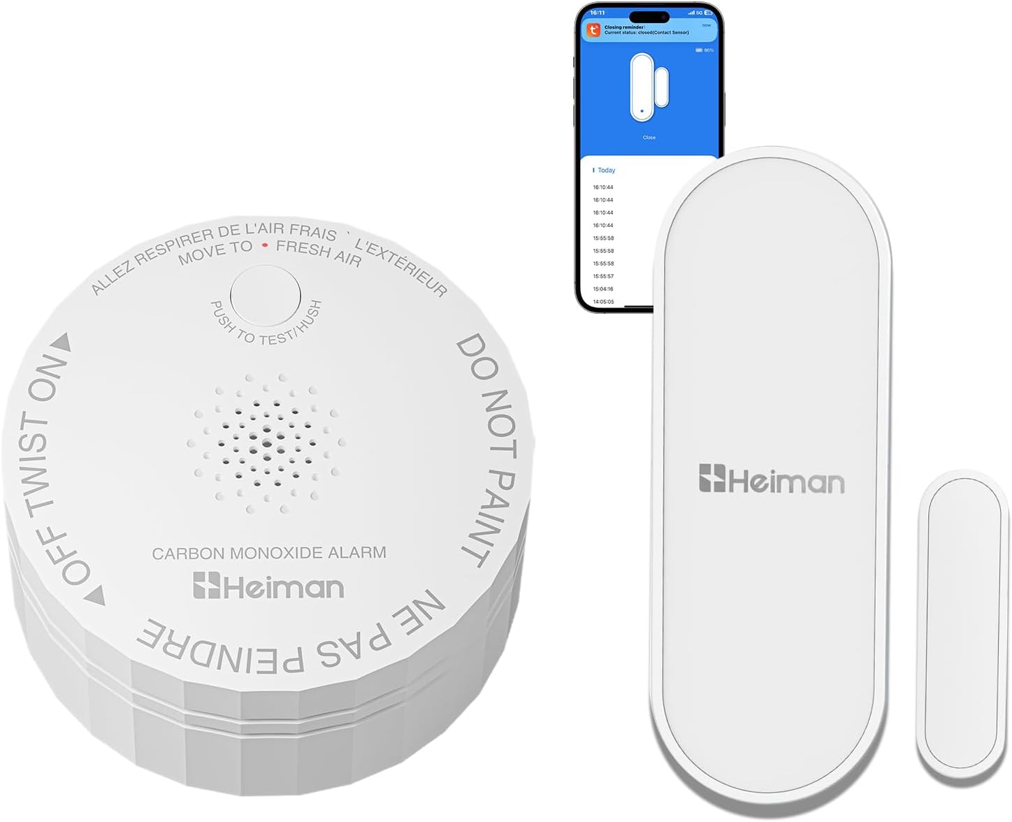 HEIMAN Carbon Monoxide Detector ETL Listed Figaro Sensor and Window Door Alarms When Opened APP Notification