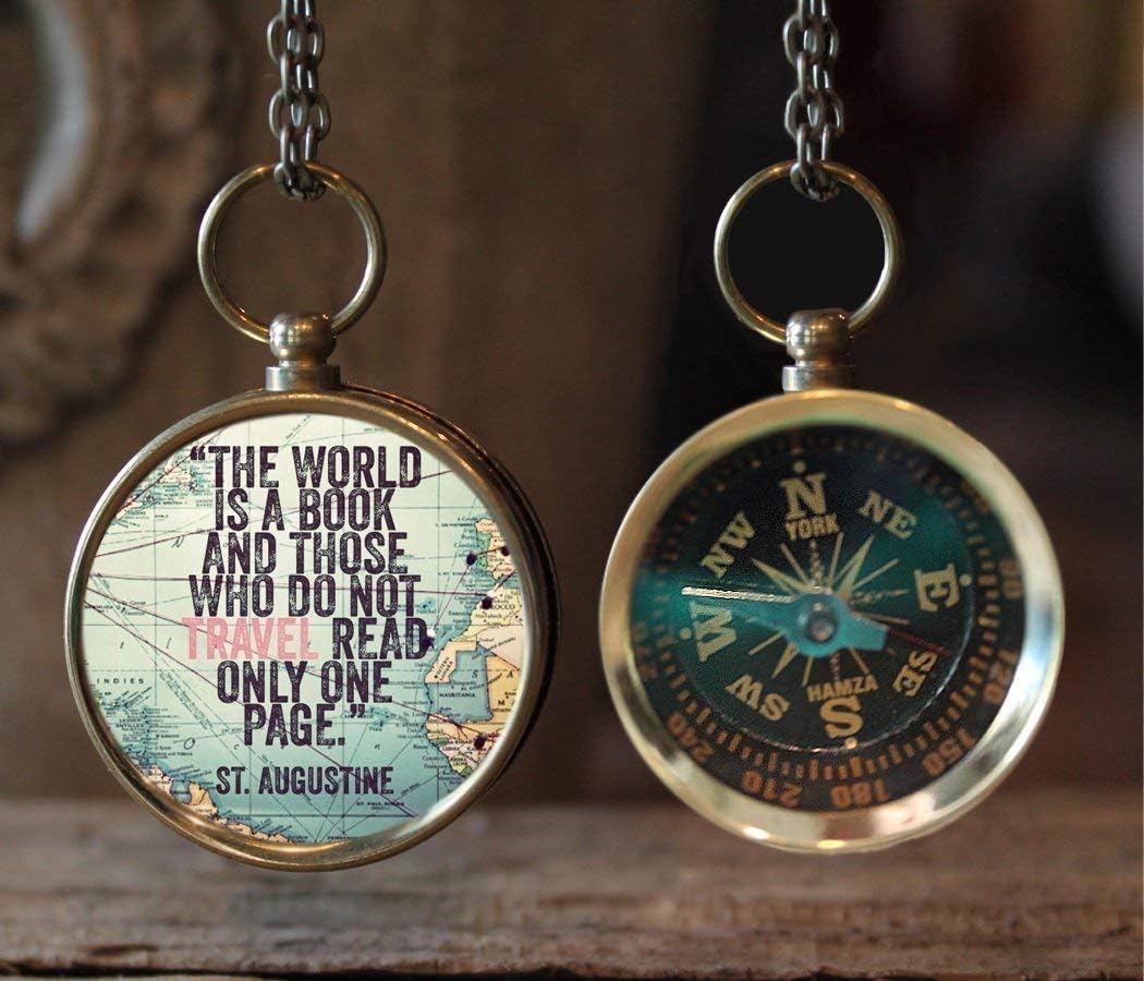 "The World is a Book and Those Who Do Not Travel Read Only One Page" Vintage Look Travel Map Working Compass Necklace