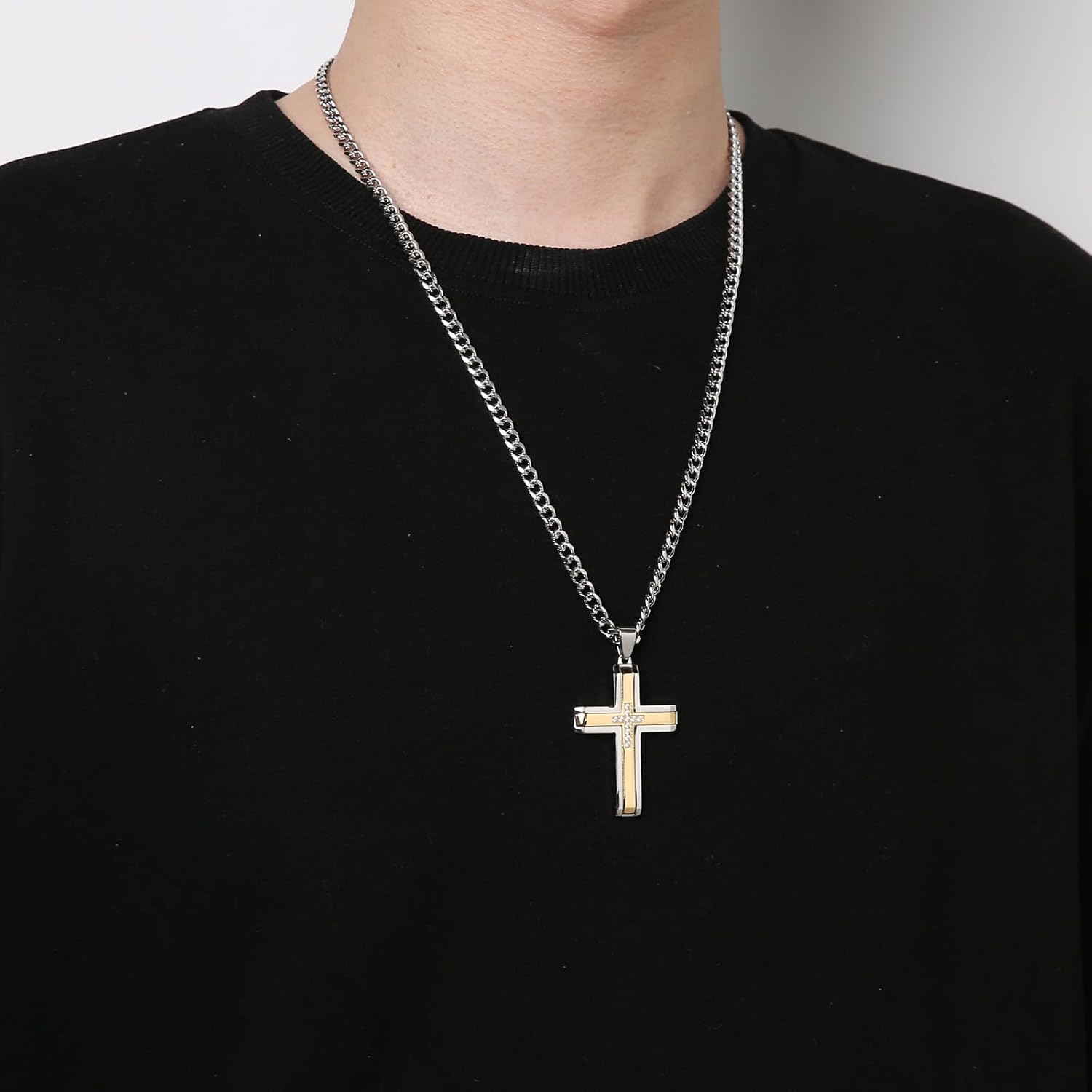 HZMAN Cross Necklace for Men Stainless Steel High Polished Minimalist Cross Necklace Pendant Christian Jewelry Gift with 24Inch Cuban Chain - Image 2