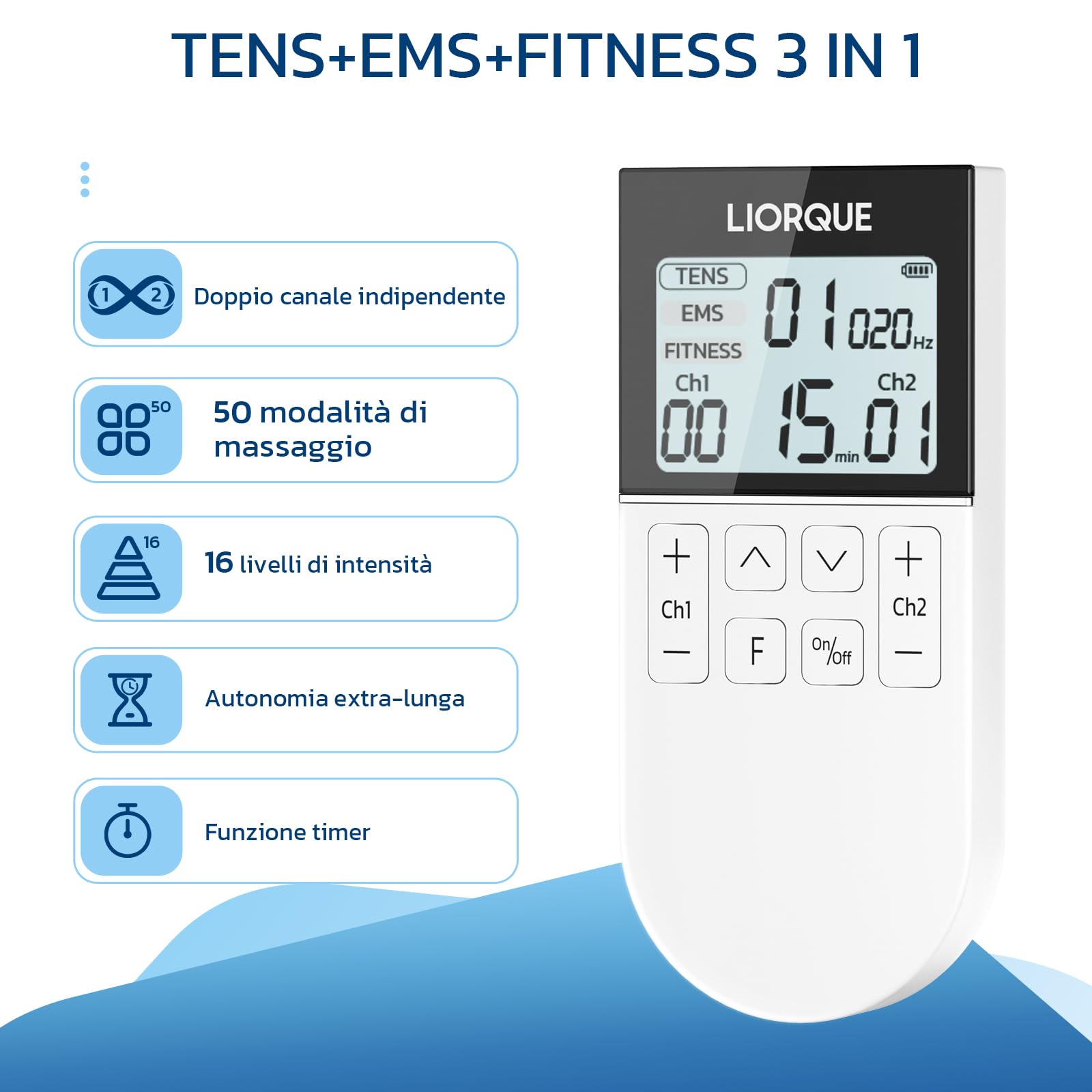LIORQUE Elettrostimolatore Muscolare TENS/EMS/FITNESS 3 in 1, 50 Modalità, 10 Pezzi di Elettrodi TENS, 16 Livelli di Intensità per Alleviare il Dolore Bianco