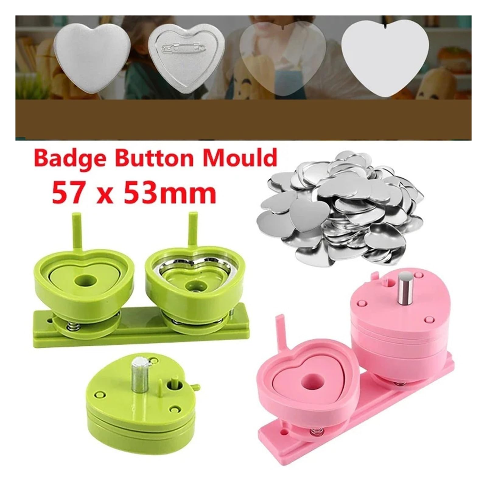 Moule en Forme de cœur Rose et Vert 57 * 53 mm for Machine à Badges à épingle, Compatible avec Les Machines à fabriquer des Badges à glissière. Ensembles suffisants(Pink Mold Only)