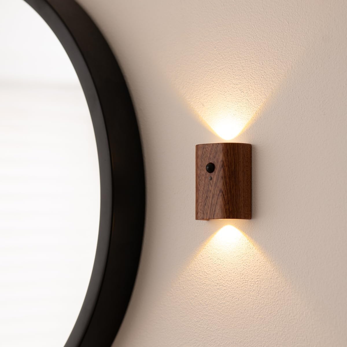 Auraglow Rechargeable Wooden Wall Light Motion Sensor PIR Portable Cordless Wireless Automatic Battery Indoor Hallway, Stairway, Porch Smart Night Lamp (Sapele, 4 Pack)