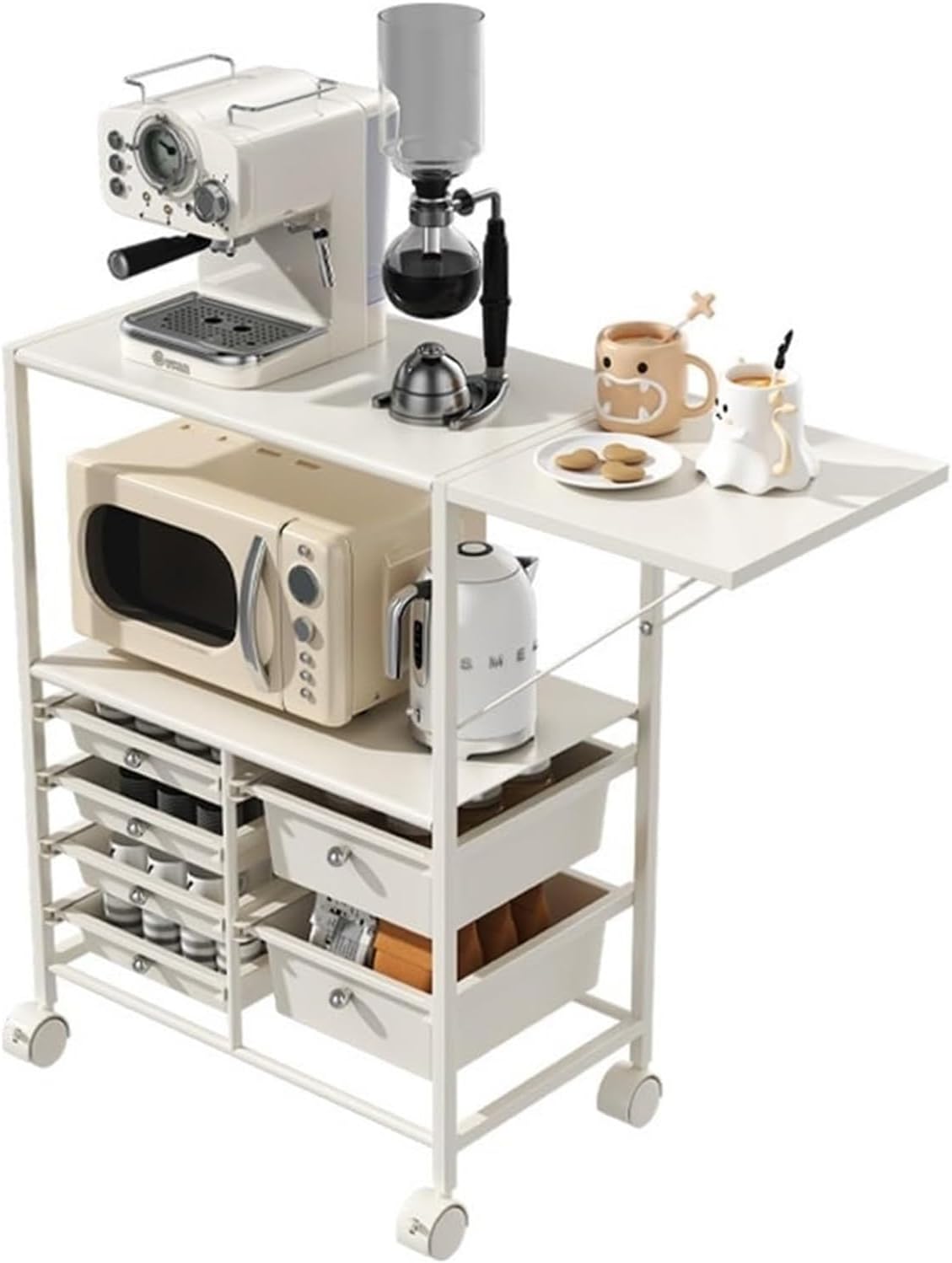 Foldable Rolling Storage Table with Drawers Mobile Organizer Cart Storage Shelf Utility Table for Bathroom Living Room Space Saver