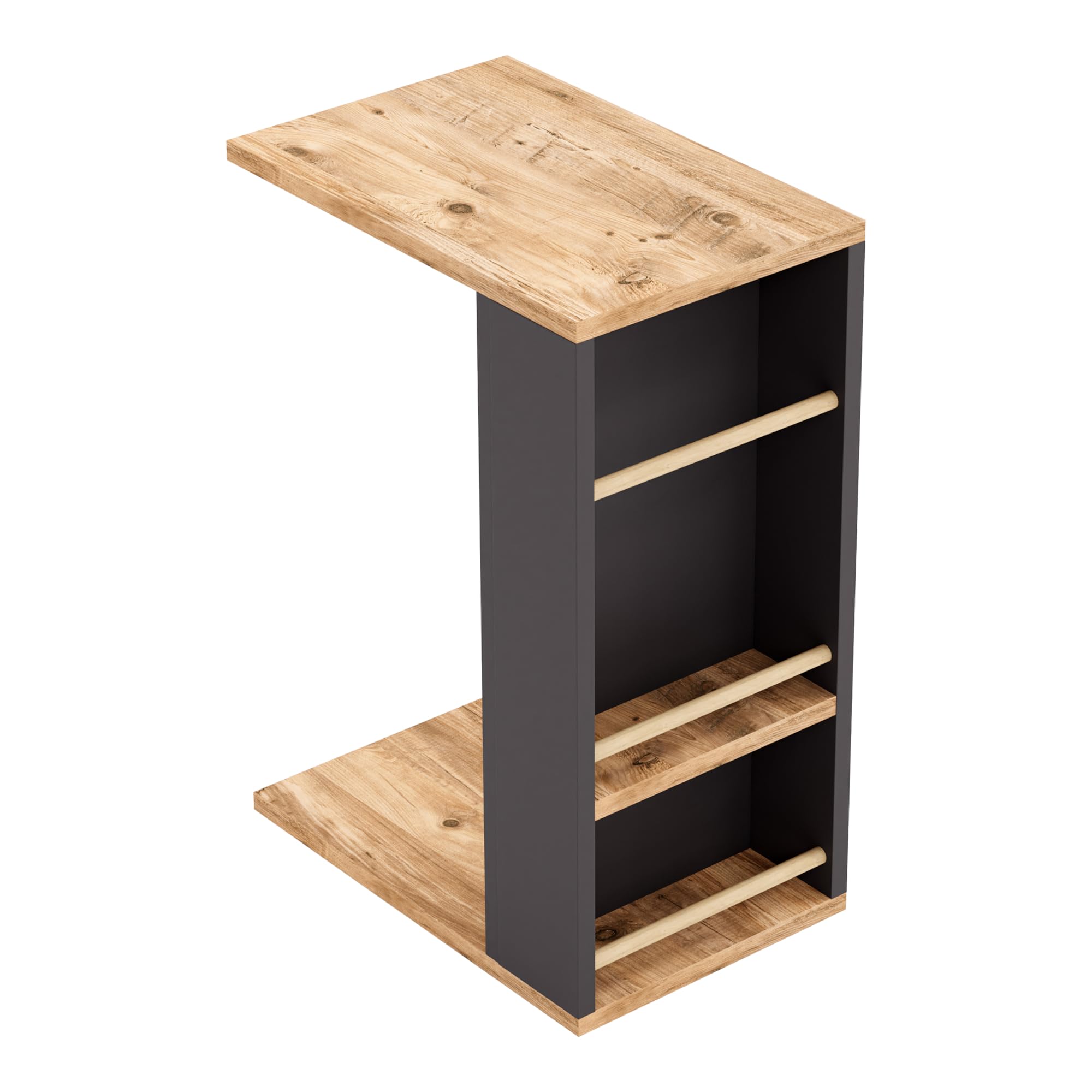 [en.casa] Tavolino Laterale da Divano Tavolino Basso a Forma di C Consolle a Rotelle e Scomparti con Barre Piano di Lavoro per Laptop 44 x 29 x 65 cm Effetto Legno/Nero