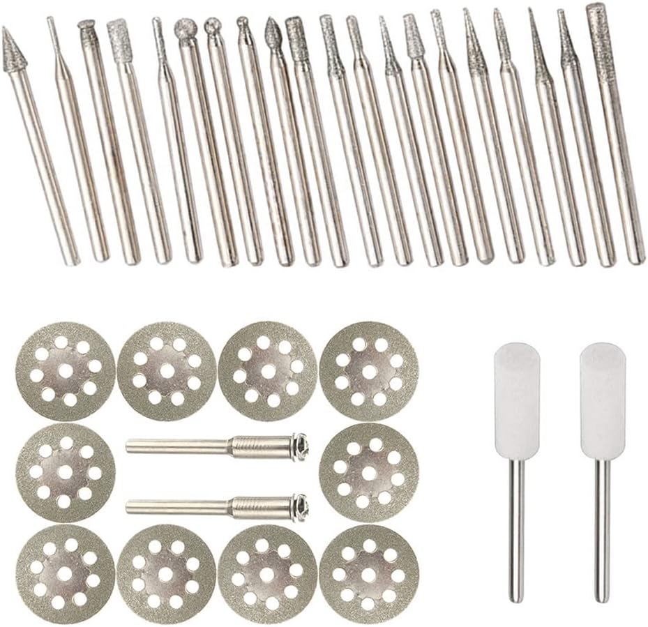 Diamond Burr Set For Dremel Rotary Tool Grinding Cutting Bur Bit Stone Glass Tile Jewelry Engraving Rock Etching Masonry 1/8” Die Grinder Carving Cutter Metal Engraver Kit Notching Lapidary - 32pc Set