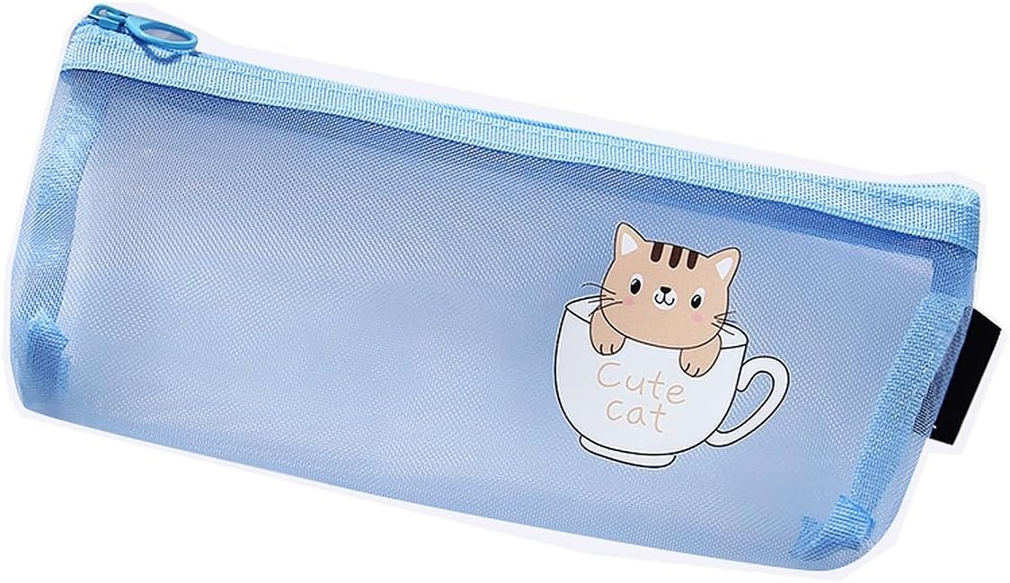 wolpin Mesh Pencil Pouch Blue Cat Design | See Through Zipper Case for Stationery Makeup School Office Travel | Portable Nylon Pouch for Students Girls Boys Adults