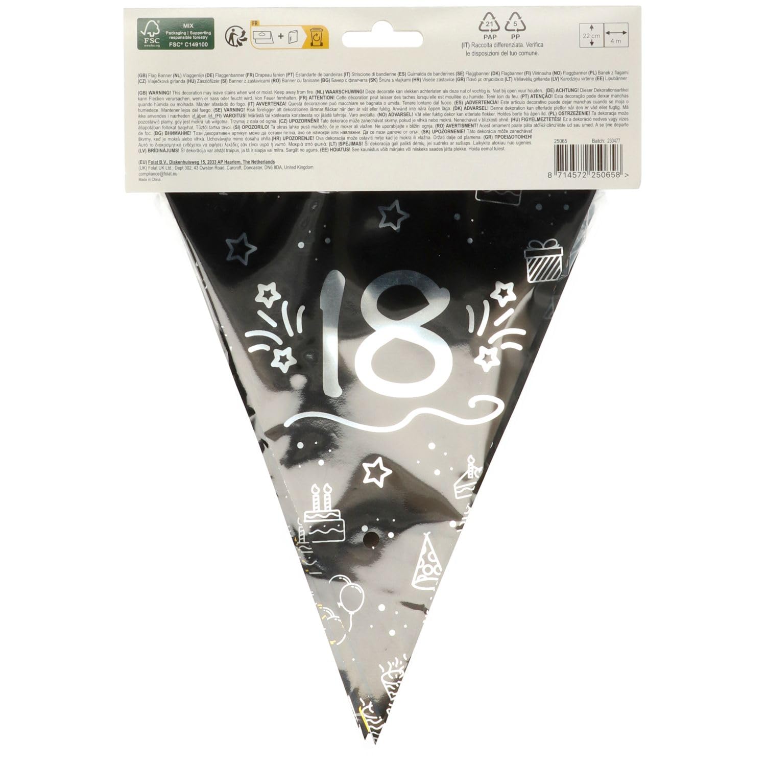Folat Wimpelkette „18“ – Schwarz-Gold-Silber, 4 Meter, Für Geburtstag & Jubiläum, Shining Glam Serie