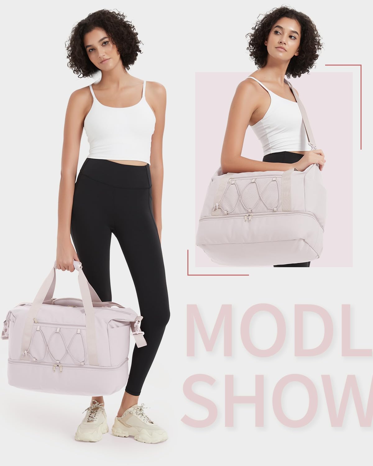 sportsnew Gym Travel Bag for Women, Large Travel Duffel with Shoe Compartment and Wet Pocket, Water Resistant Weekender Overnight Carry on Sports Tote Bags, Beige,Patent Pending - Image 6