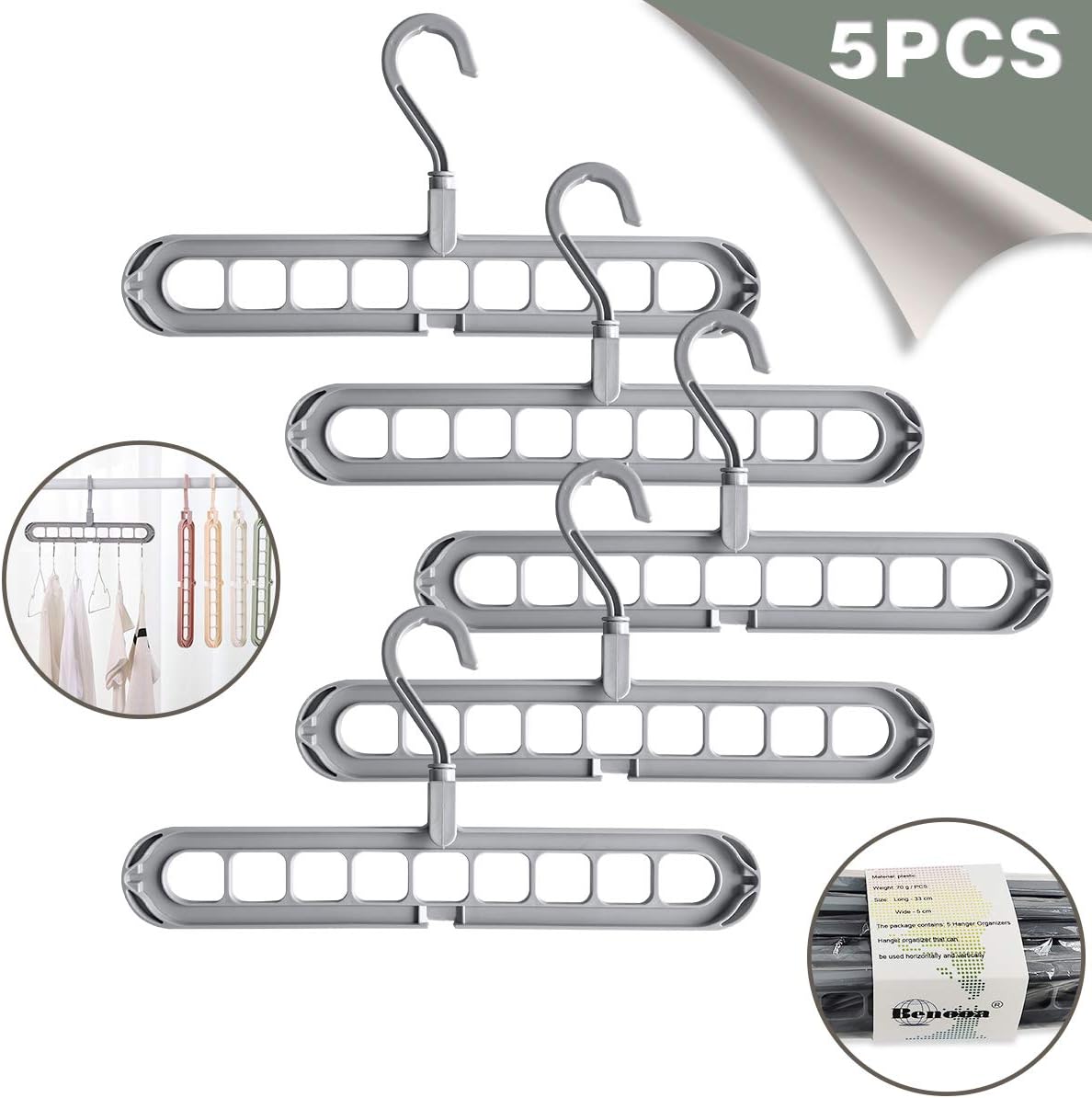 Benooa Magic Clothes Coat Hanger Organizer,Rotate Anti-skid Hangers,Sliding Folding hangers,Wardrobe Storage Space Saving Hangers,Plastic Standard Hangers with 9 Holes For Adults/Kids,5PACK