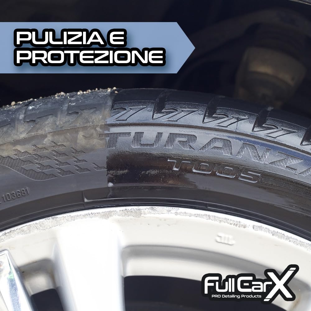 FULLCARX Tire Detailer 750ml Nero Gomme Auto, Rinnova Plastiche Rapido ed Efficiente, Lucida Pneumatici, Finitura Satinata, Nero Intenso Ruote Paraurti, Prodotto Pulizia Professionale Detailing