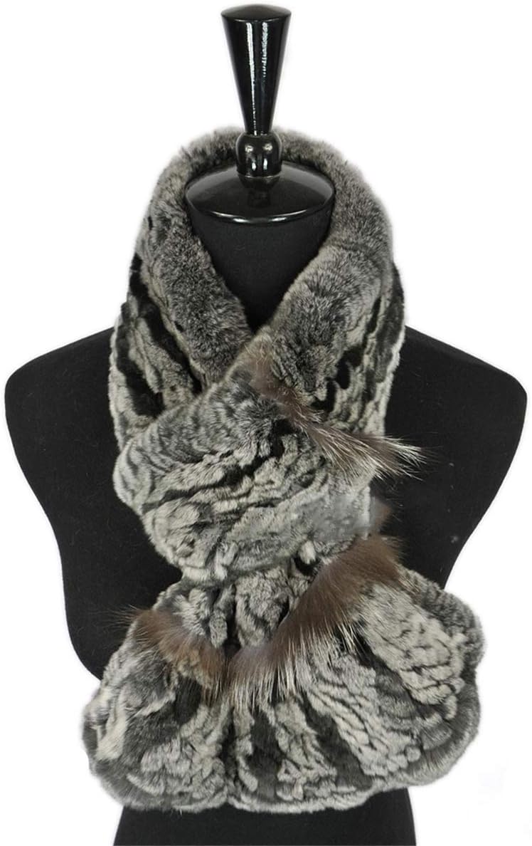 KAISHIN Super Soft Knitted Fur Scarf for Women Casual Real Rex Rabbit Fur & Raccoon Fur Neckerchief