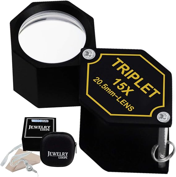 15x Magnifier Jewelry Loupe 20.5mm Triplet Lens Pocket Magnification Loupe Tool for Jewelers, Mechanics, Watchmaker, Black Frame Achromatic Optical Glass Metal Body Hexagonal Design Magnifying Kit Set