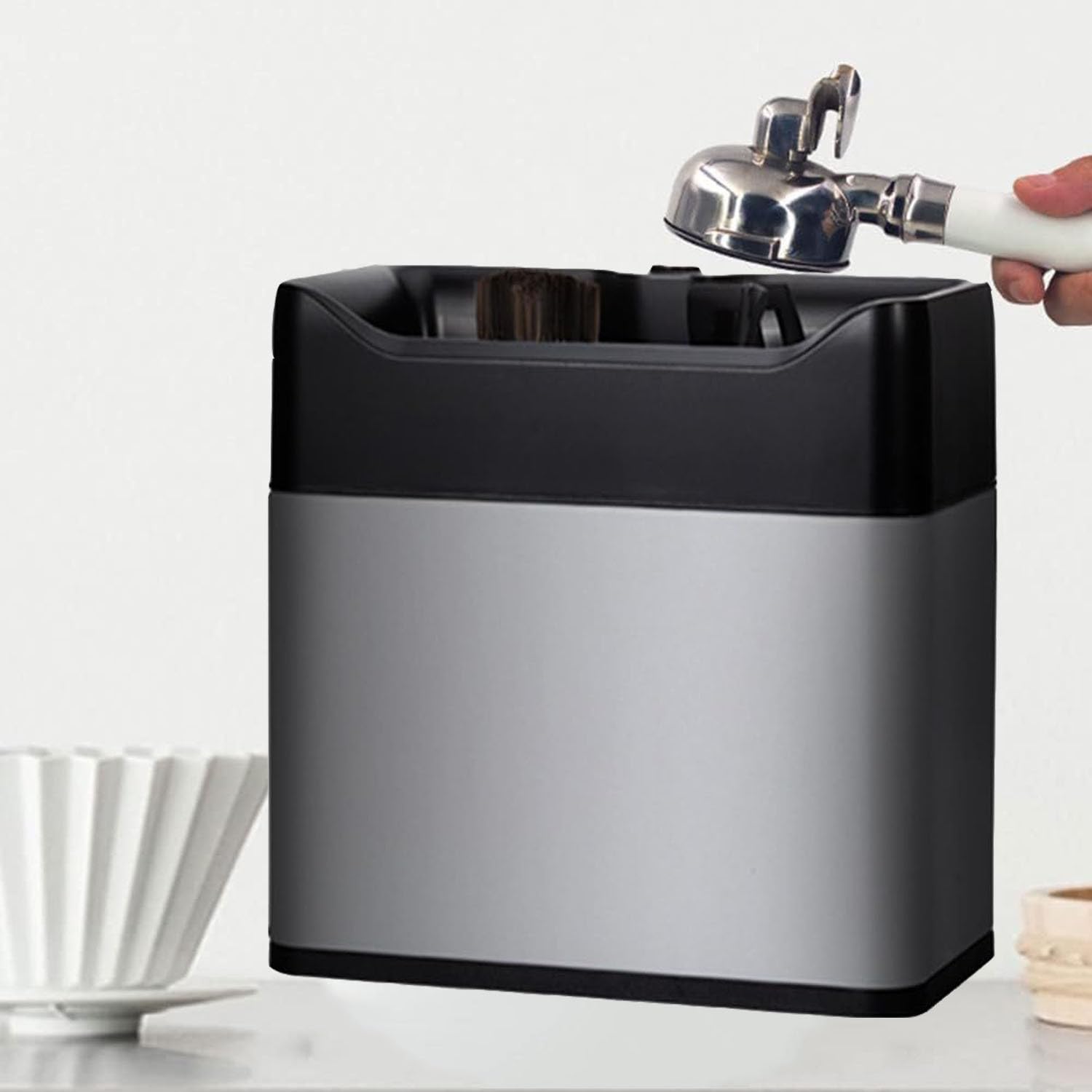 UORDBY Electric Espresso Coffee Knock Box,Portafilter cleaning machine,Coffee Accessory,Coffee Grounds Cleaning Machine,for 58mm & 51mm Handles Silver