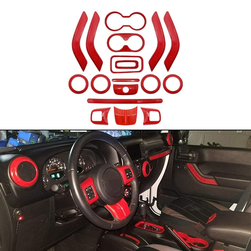 Kit de garniture de décoration intérieure de voiture rouge, 18 pièces en ABS pour tableau de bord pour Jeep pour Wrangler JK JKU 4 portes 2011-2017, accessoires de style de véhicule faciles