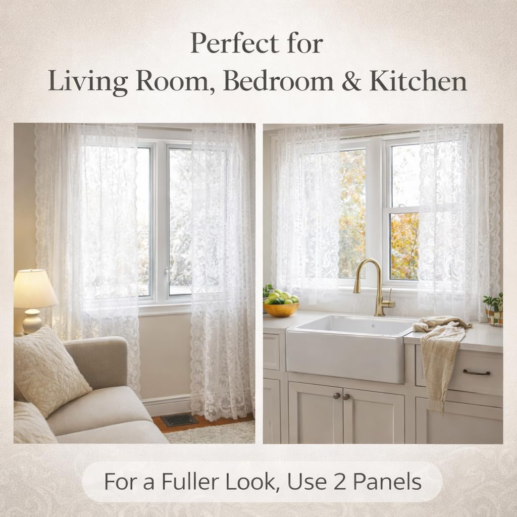 Pinelinq Vintage Lace Curtain 52 x 84 Inch White – 1 Panel Sheer Botanical Floral Window Panel with Rod Pocket – Light Filtering Farmhouse Curtain - 5