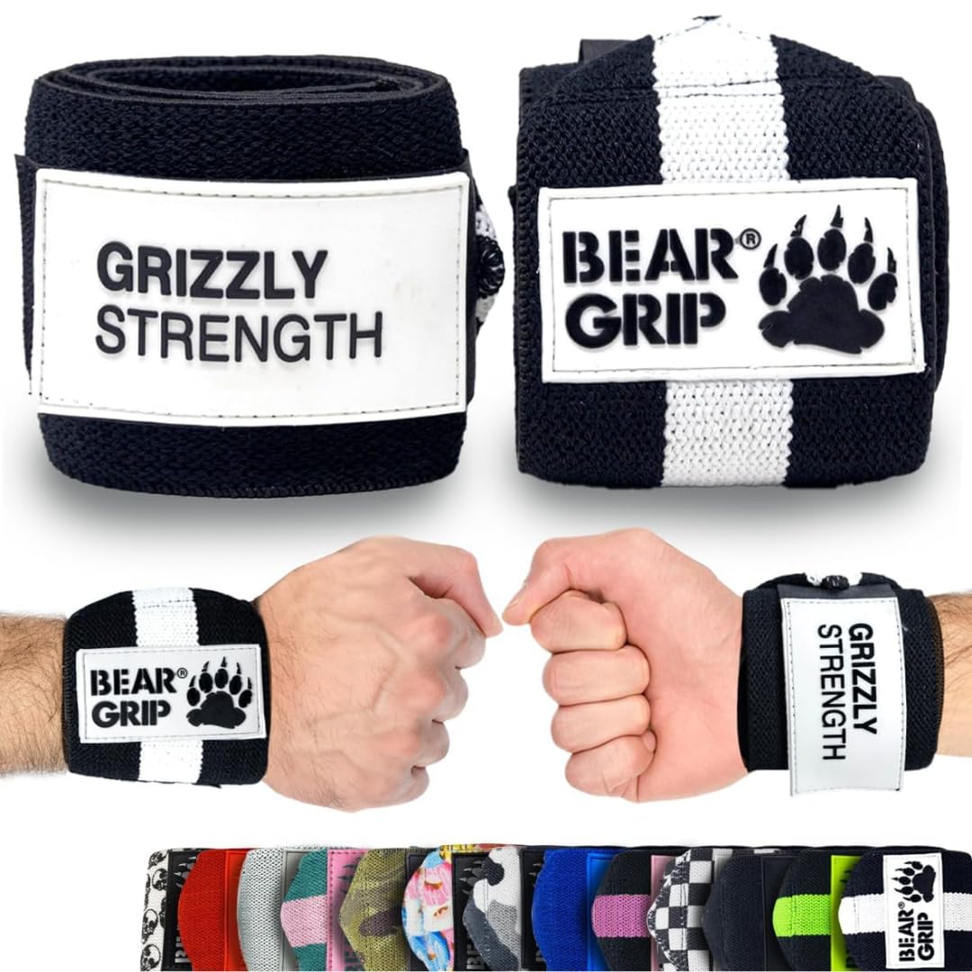 BEAR GRIP - Premium Heavy Duty Weight Lifting Wrist Wraps, Bodybuilding, Powerlifting, StrongMan (Black/White, 18 Inches)