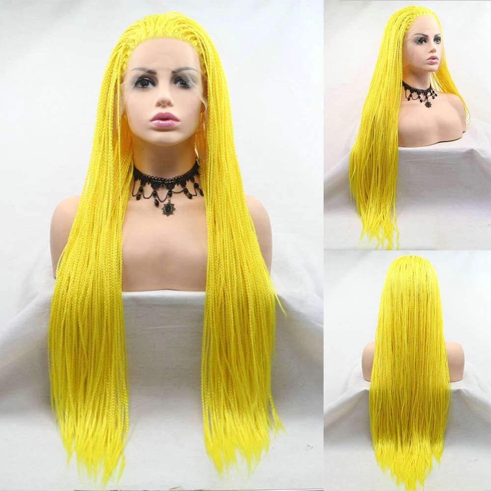 Micro Braided Wigs for Black Women Fluorescent Yellow Braid Lace Front Wig Long Box Braids Fashion Synthetic Frontal Lace Hair Wig Glueless Heat Resistant Fiber Hair Cosplay Party Daily 28inches - Image 3