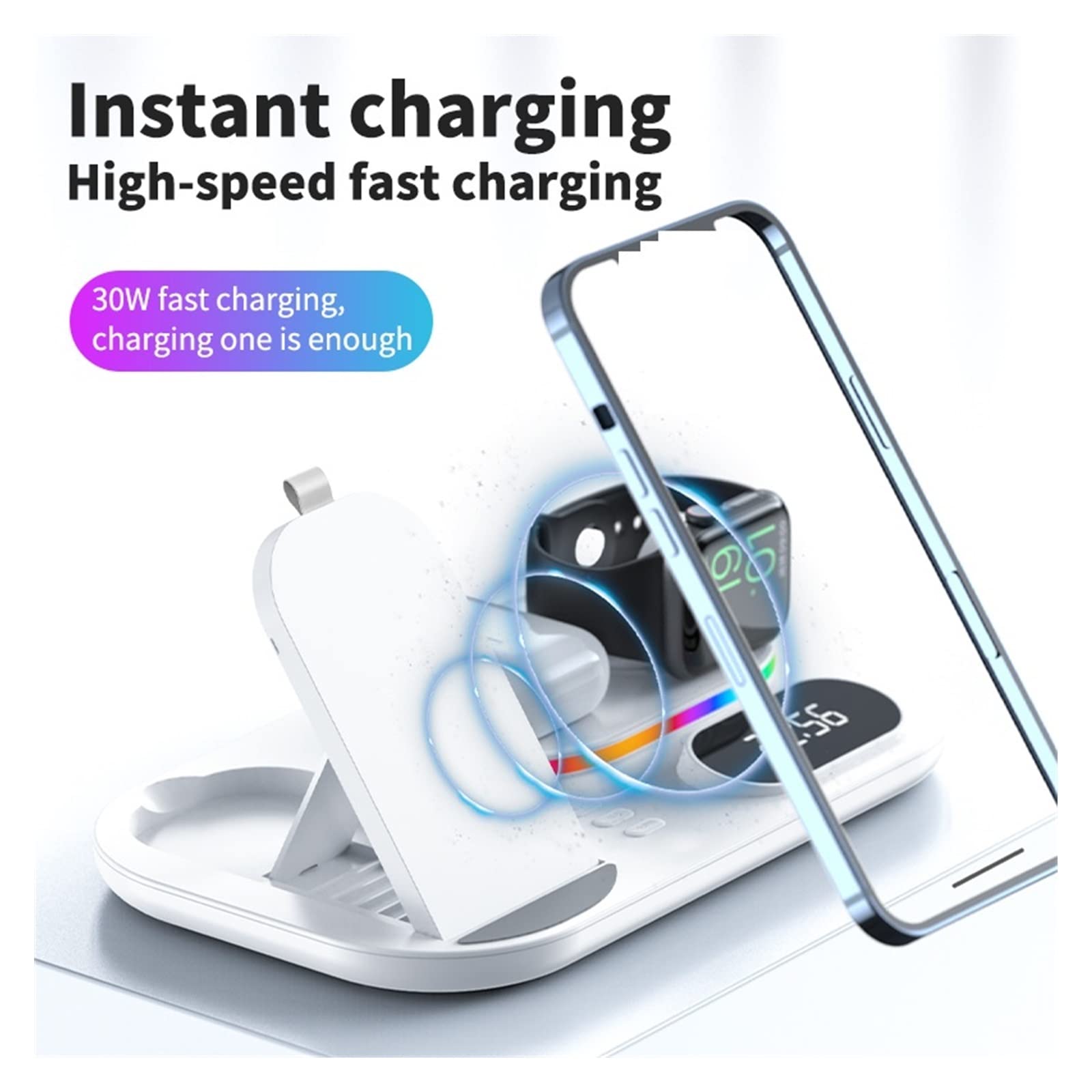 Chargeur sans Fil, Support de Chargeur sans Fil 30W 4 en 1 for Station d'accueil de Charge Rapide de Montre de téléphone(Black with Plug)