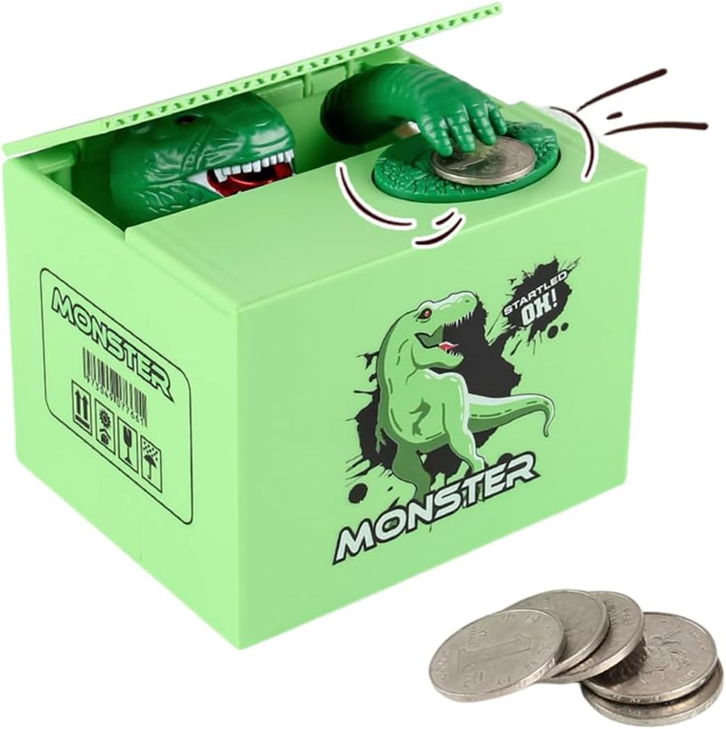 – TERRIFI Electronic Stealing Coin Box Money Bank, Monster Dinosaur Bank Toy, Musical Moving Stealing Money Bank Anime Gift for Boys Girls Kids