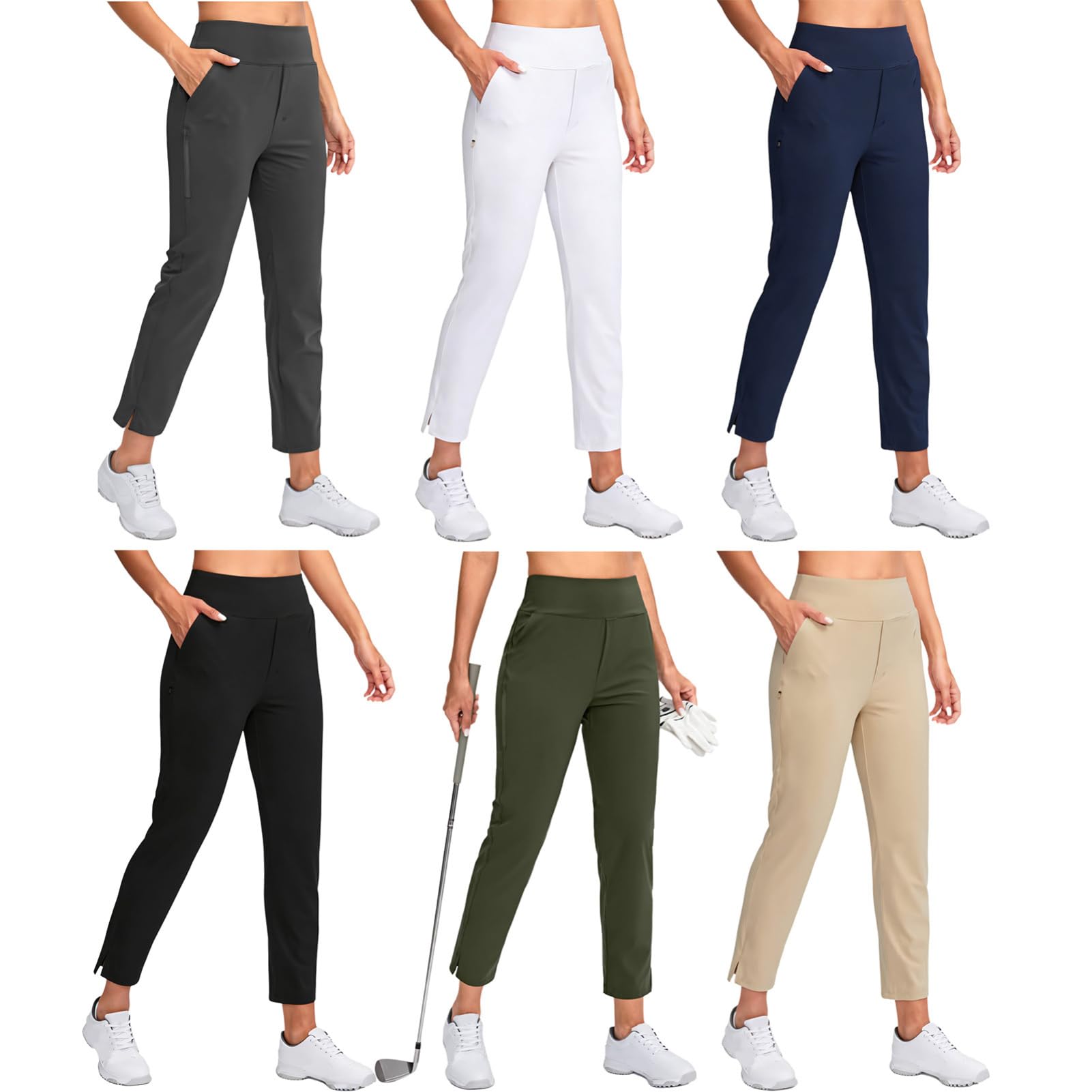 IEFIEL Pantalones de mujer para golf, cintura alta, elásticos, bolsillos, estilo casual, aptos para exterior y negocio