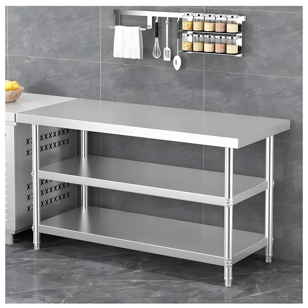 Mesa de preparación de cocina de acero inoxidable resistente de grado comercial con estante de almacenamiento abierto que soporta 330 libras, ideal para uso en restaurantes, hogar, hoteles (70 x 80 x