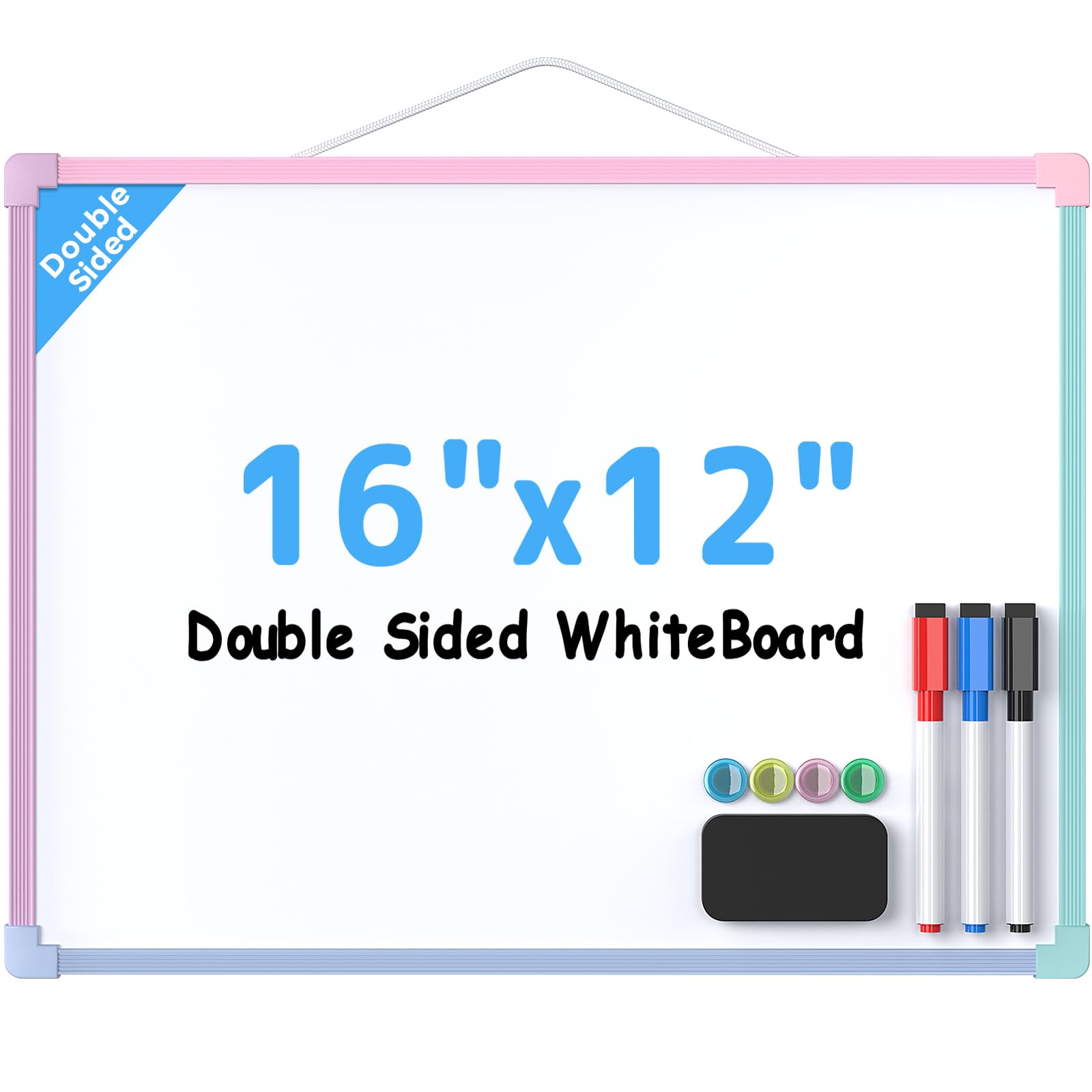 MaxGear Double-Sided Dry Erase Board for Wall, 16"x12", Multi-Color Frame | Small Dry Erase White Board, Includes 3 Markers &amp; 4 Magnets, Portable Whiteboard for Planning, Drawing, Memo, to Do List