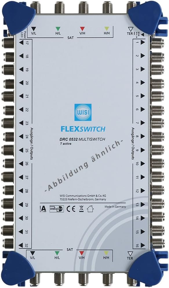 WISI FLEXSWITCH DRC 0524 Multiswitch – Cascadable 5-in-24 Multiswitch with Active Terrestrial Branch for 24 Users – For DVB-T/T2, DVB-S/S2, DAB & VM, Silver