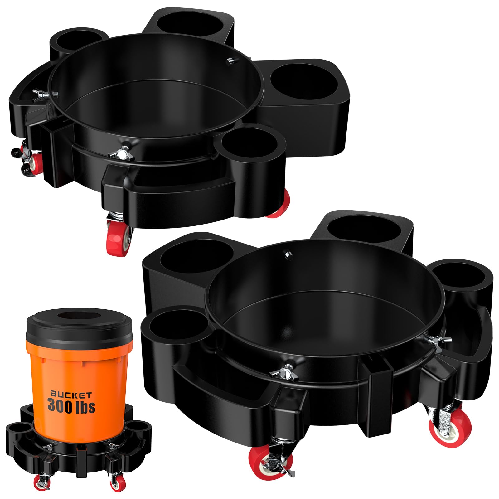 Photo 1 of 2 Pcs 5 Gallon Bucket Dollies, Car Wash Bucket Roller with 5 Swivel Wheel Casters Including 2 Locking Brakes, Removable Bucket Mover with Accessory Holders for Car Detailing, Washing, etc