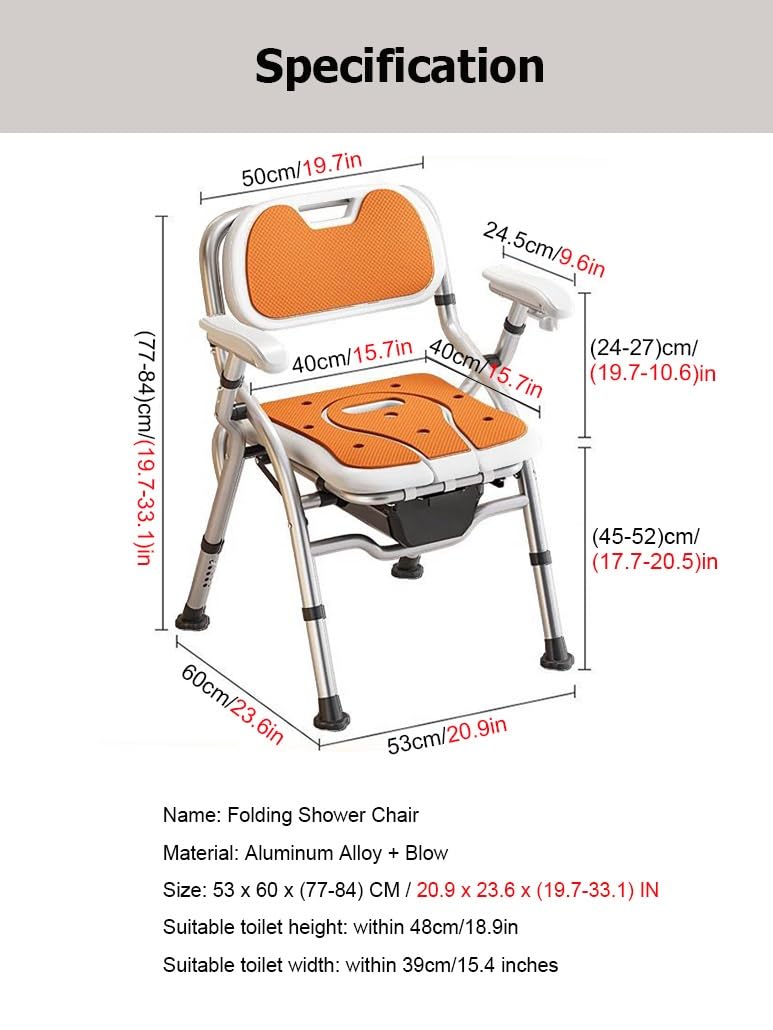 Silla de Ducha Plegable con Altura Ajustable, Asiento de Inodoro for baño, Orinal for Personas Mayores, discapacitadas, Embarazadas y Adultos.(Oranje,with Bedpan)