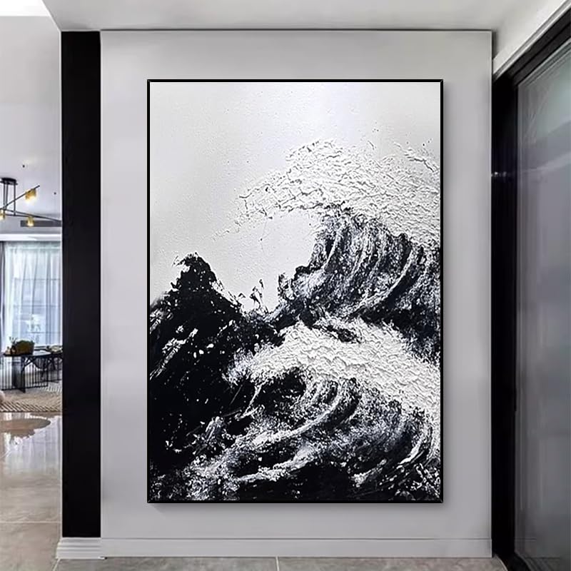 Tableau abstrait vagues ocean noir et blanc peint a la main sur toile