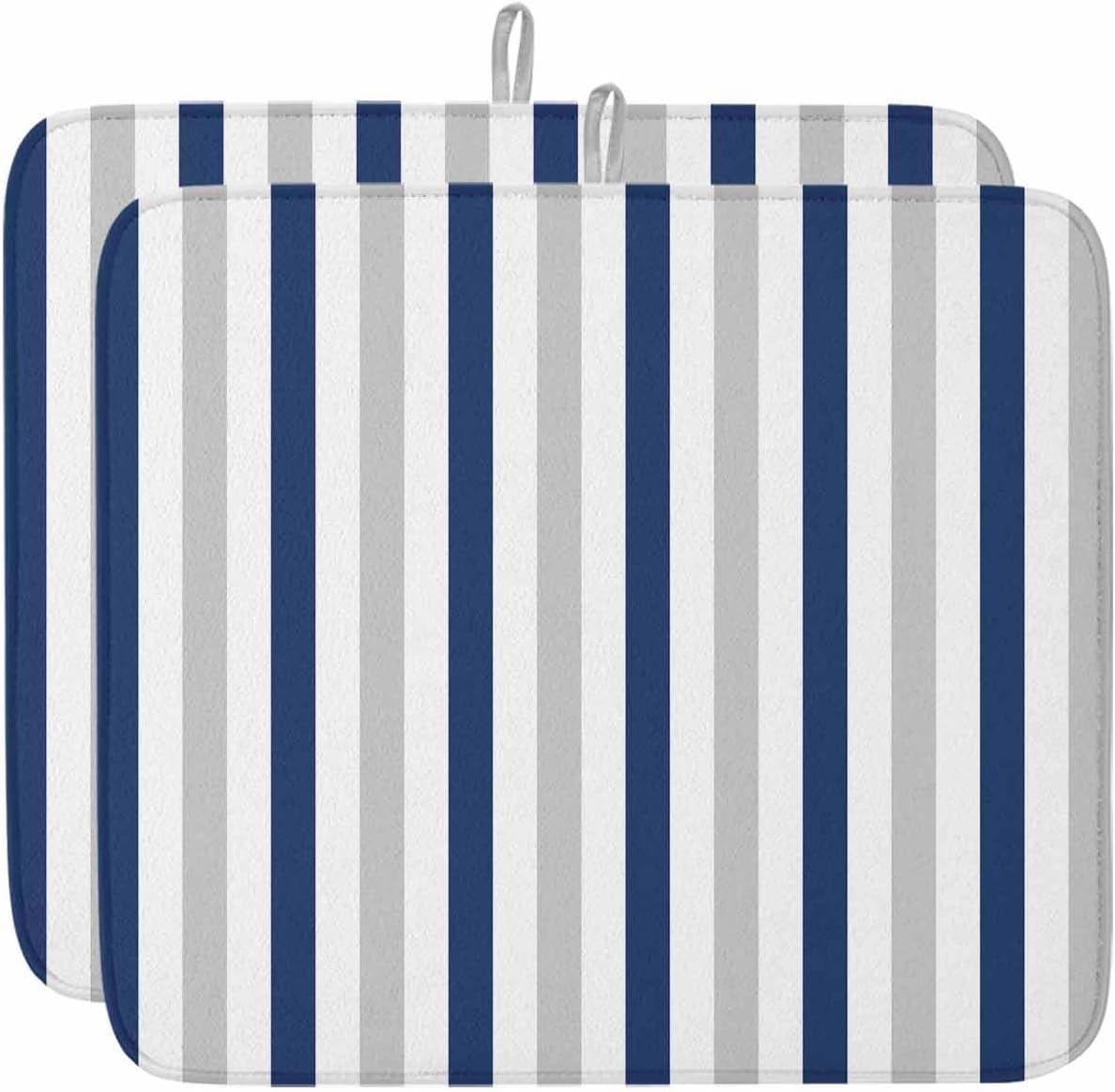 Navy Blue Grey Drying Mats for Kitchen Counter 2 Pcs, Stripes Microfiber Absorbent Dish Drainer/Rack Mat,Reversible Hangding Quick Drying kitchen Decor,16x18 Machine Washable