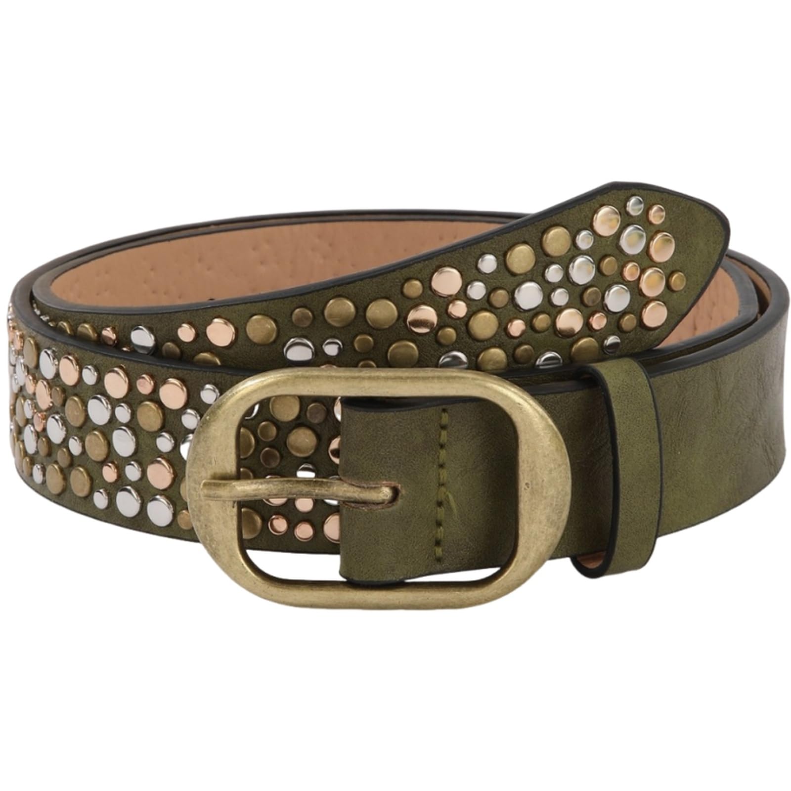 AGUTALITHIC Studded Belts with Punk Rock Bright Metal Irregular Round Rivets Goth 3.3cm Wide PU-Leather Strap for Women Men(100cm/39, Green)