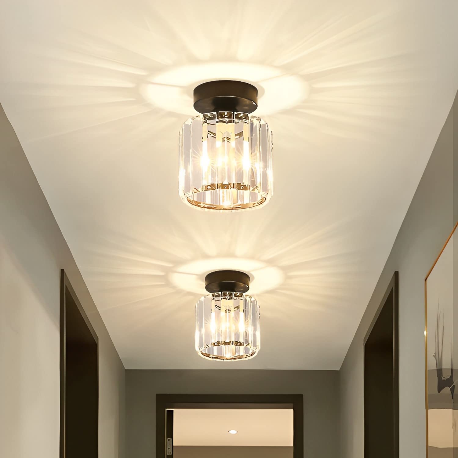 2-Pack Semi Flush Mount Ceiling Light, Crystal Semi Flush Mount Light, Modern Crystal Chandelier Light Fixture, Metal Crystal Flush Mount Ceiling Light for Hallway Bathroom Entryway Kitchen,Black