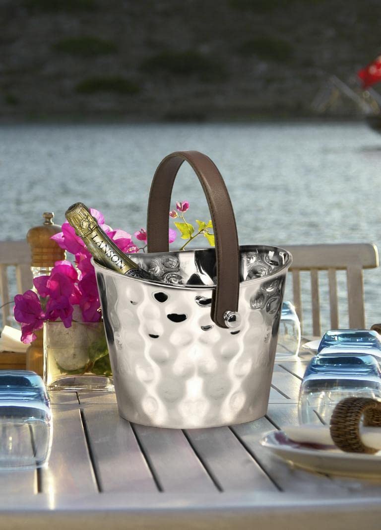 EDZARD Champanera Gilbert (B 28 cm, H 23 cm), acero inoxidable martillado, niquelado brillante, con asa de piel marrón – enfriador de vino, enfriador de botellas, cubitera