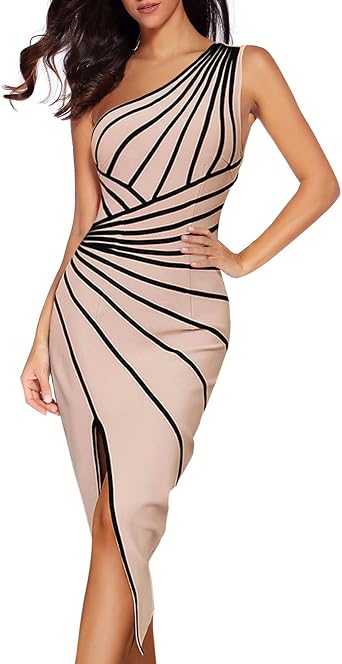 One Shoulder Stripes Bandage Dresses For Women Side Slit Club Night Dress