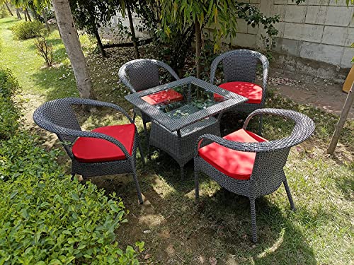 Image of Anaya Decor D-8 Chairs Table Set 4+1 Wicker Patio Furniture Sets 4 Chair and 1 Table with Cushions for Garden Balcony Bedroom Powder Coated Frame Uv Protected Wicker (Black-Red)