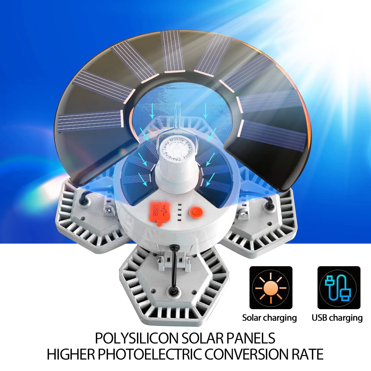 Lampe camping solaire 169 LED pour extérieur, lanterne de tente USB, rechargeable, avec télécommande, batterie externe, lampe de travail, lampe de camping, 5 modes, étanche à 360 °, 10 000 lumens