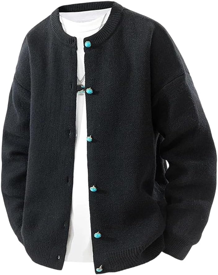 Men's Solid Color Round Neck Button Long Sleeve Cardigan Sweater Knitted Thread Casual Top